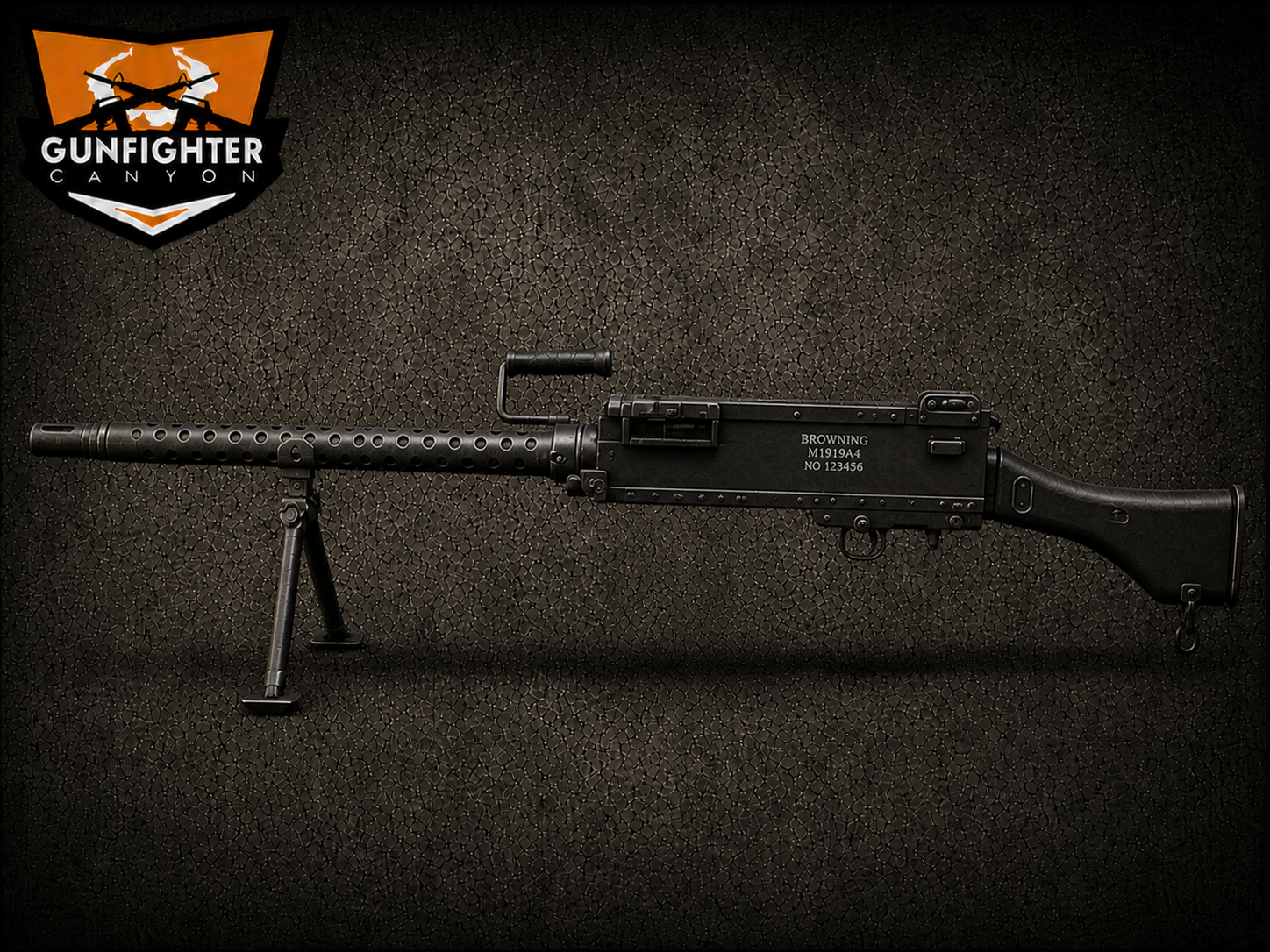 Black firearm with a mounted bipod, labeled "Browning M1919A4 NO 123456" against a textured dark background, with a Gunfighter Canyon logo in the top left corner.