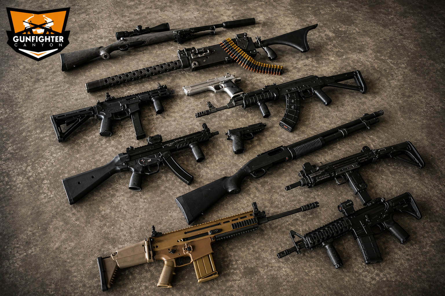 Multiple firearms including rifles, shotguns, carbines, and handguns arranged on a flat surface with a Gunfighter Canyon logo in the top left corner.