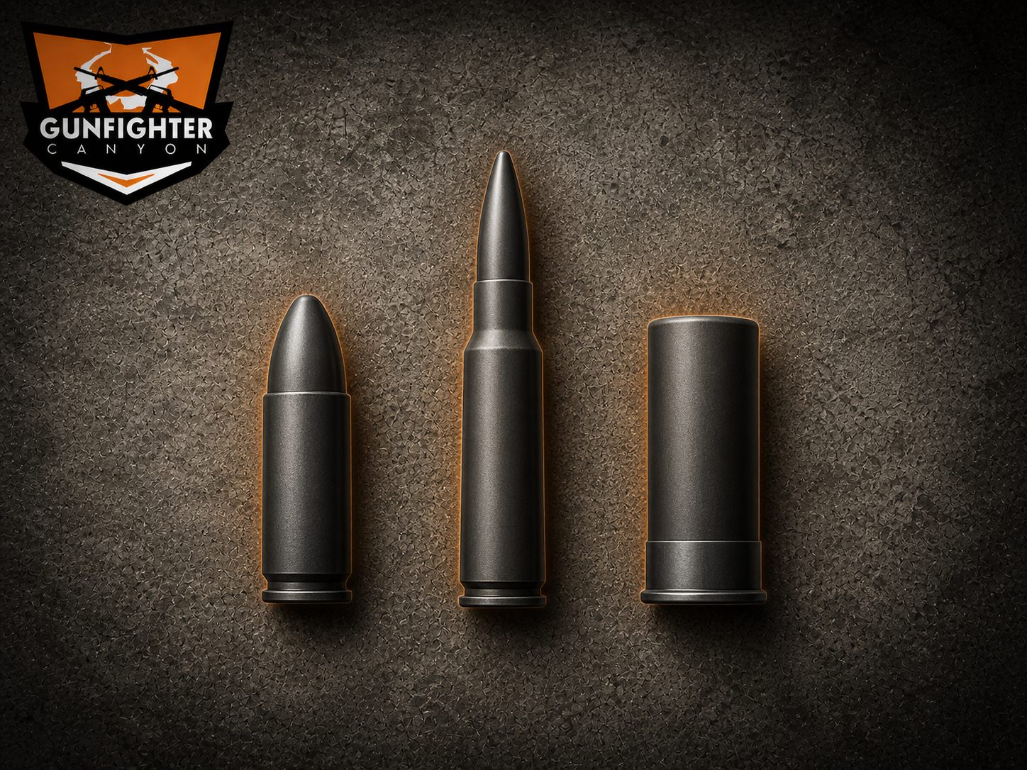 Three black bullets, one with a pointed tip, one with a rounded tip, and one with a flat tip, on a textured dark surface. A "Gunfighter Canyon" logo featuring a skull with crossed rifles and mountains is in the top left corner.