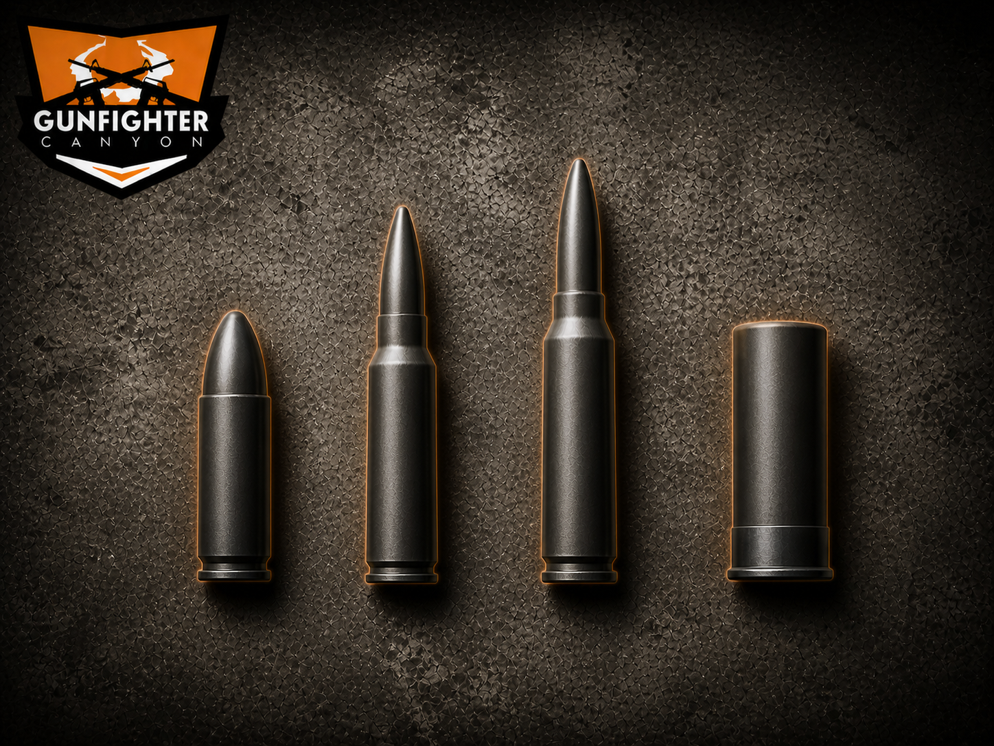 Four bullets of varying sizes arranged in a row on a dark textured surface, with a 'GUNFIGHTER CANYON' logo in the top left corner.