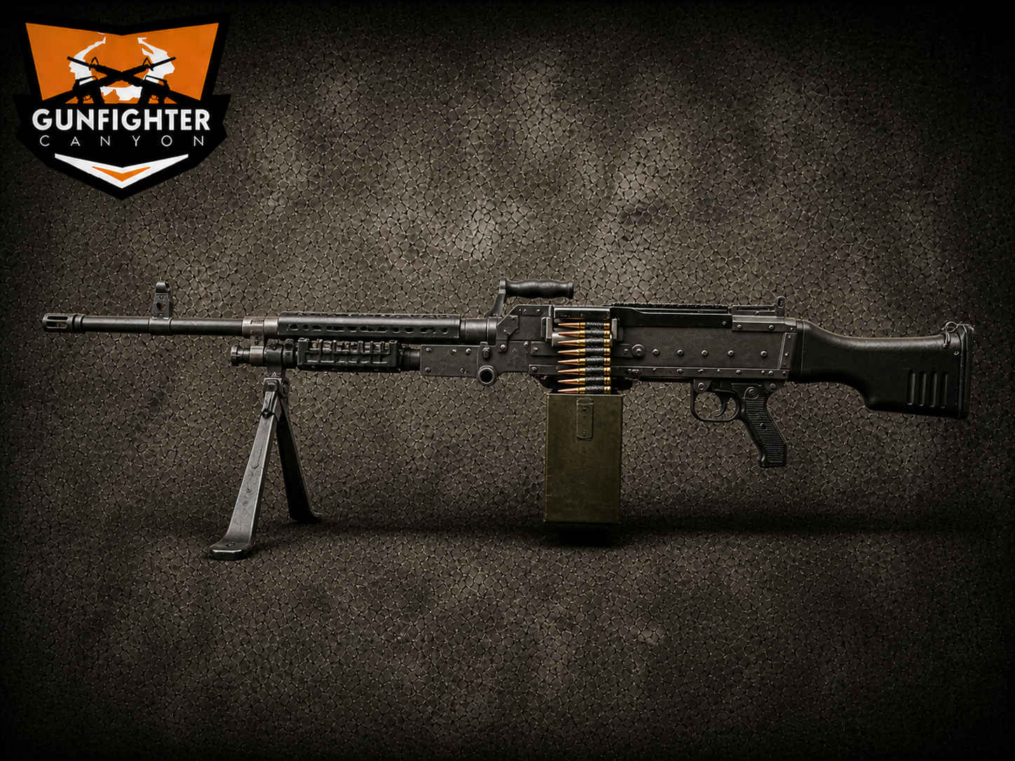 A large machine gun mounted on a bipod with a belt of bullets, positioned against a textured black background. The image features the Gunfighter Canyon logo in the upper left corner.