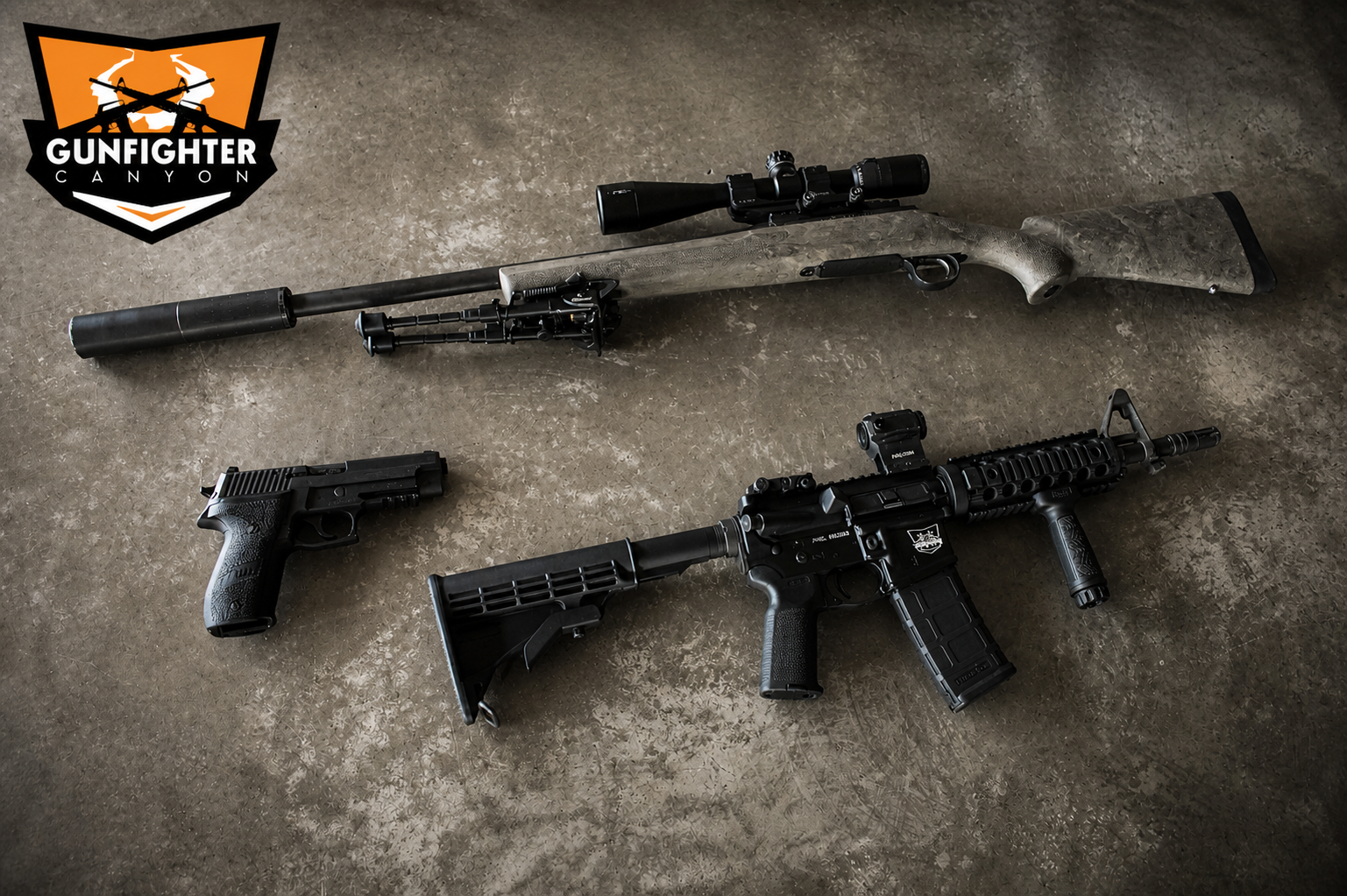 A sniper rifle with scope, a handgun, and an assault rifle laid on a concrete floor, with a Gunfighter Canyon logo in the top left corner.