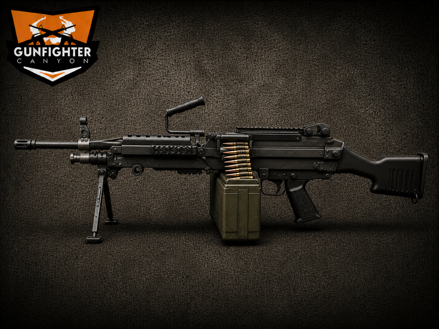 Black military-style rifle with a bipod, attached grenade launcher, and ammunition belt, mounted on a green box against a dark textured background with a 'Gunfighter Canyon' logo in the top left corner.