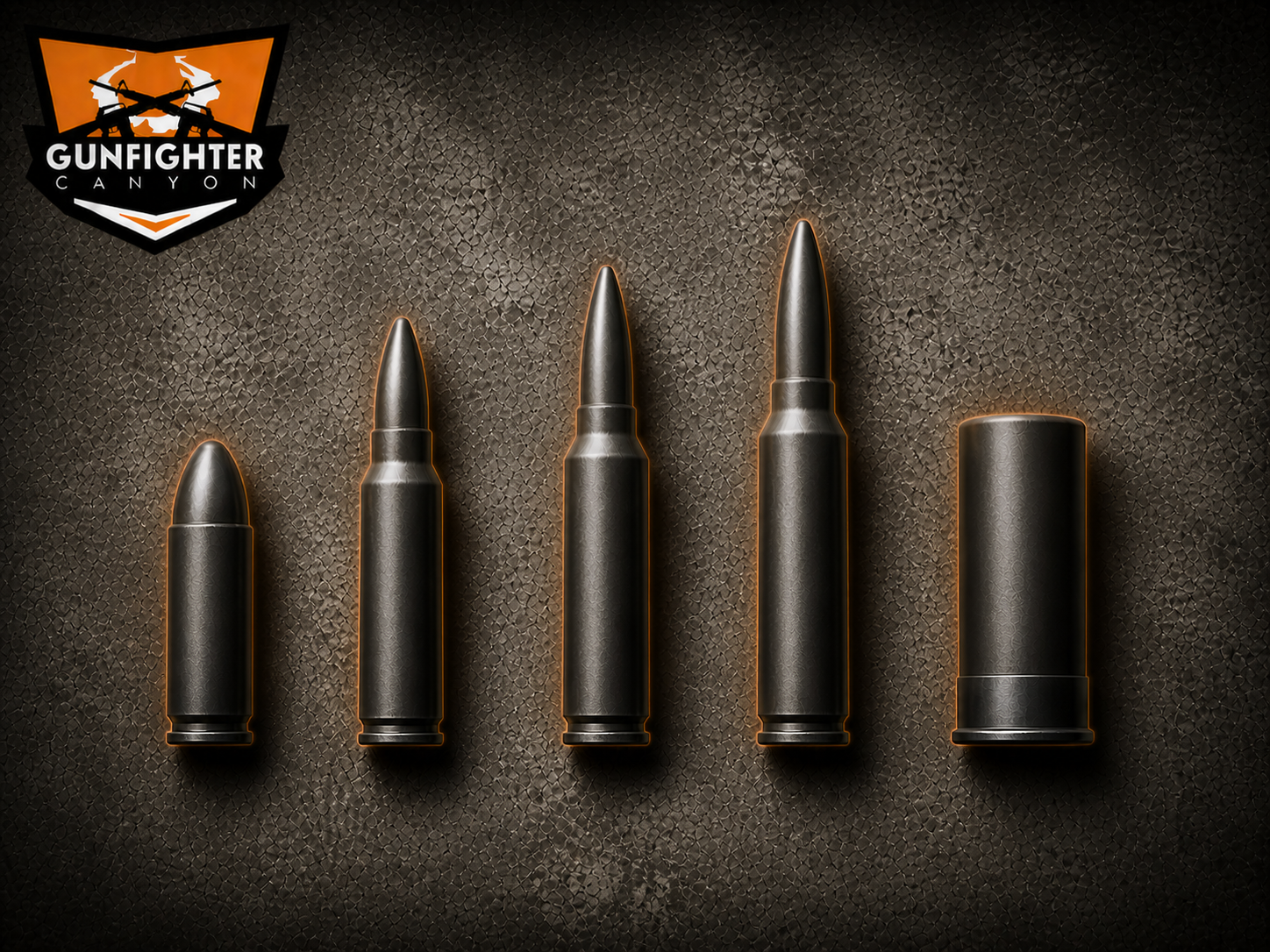 Five bullets of varying sizes arranged in a row, with a 'Gunfighter Canyon' logo in the top left corner.
