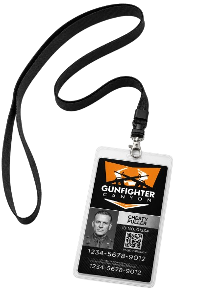 Gunfighter Canyon employee badge with lanyard, featuring a photo, name Chesty Puller, ID number, and QR code.