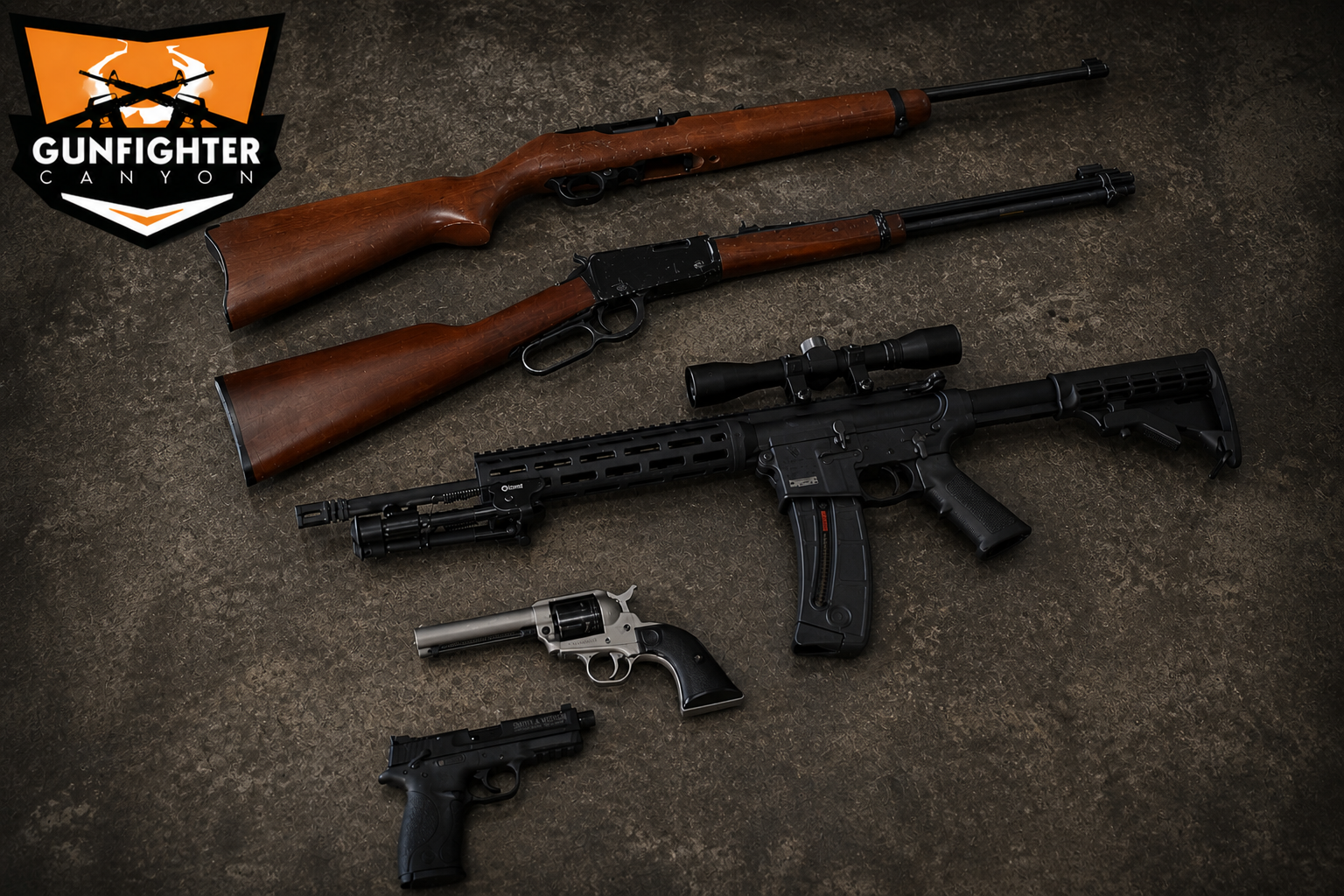 Two rifles, one shotgun, one semi-automatic rifle, a revolver, and a handgun are arranged on a dark surface, with a Gunfighter Canyon logo in the top left corner.