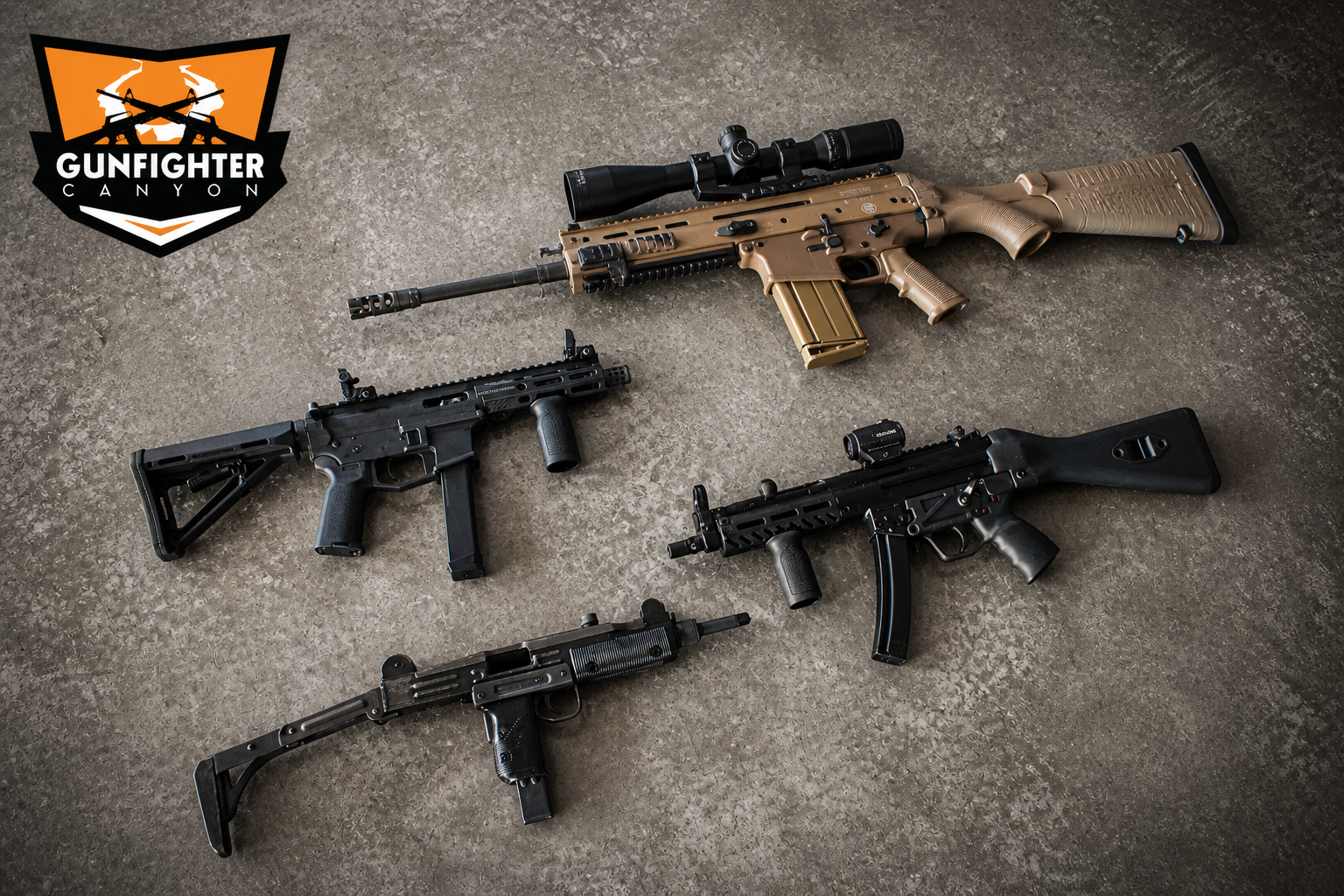 Three rifles laid out on the ground with a Gunfighter Canyon logo in the top left corner