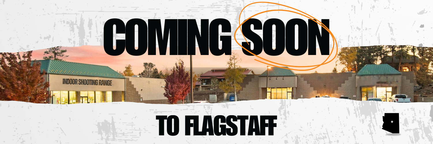 Banner announcing an indoor shooting range opening soon in Flagstaff, Arizona with a background photo of the building at sunset.