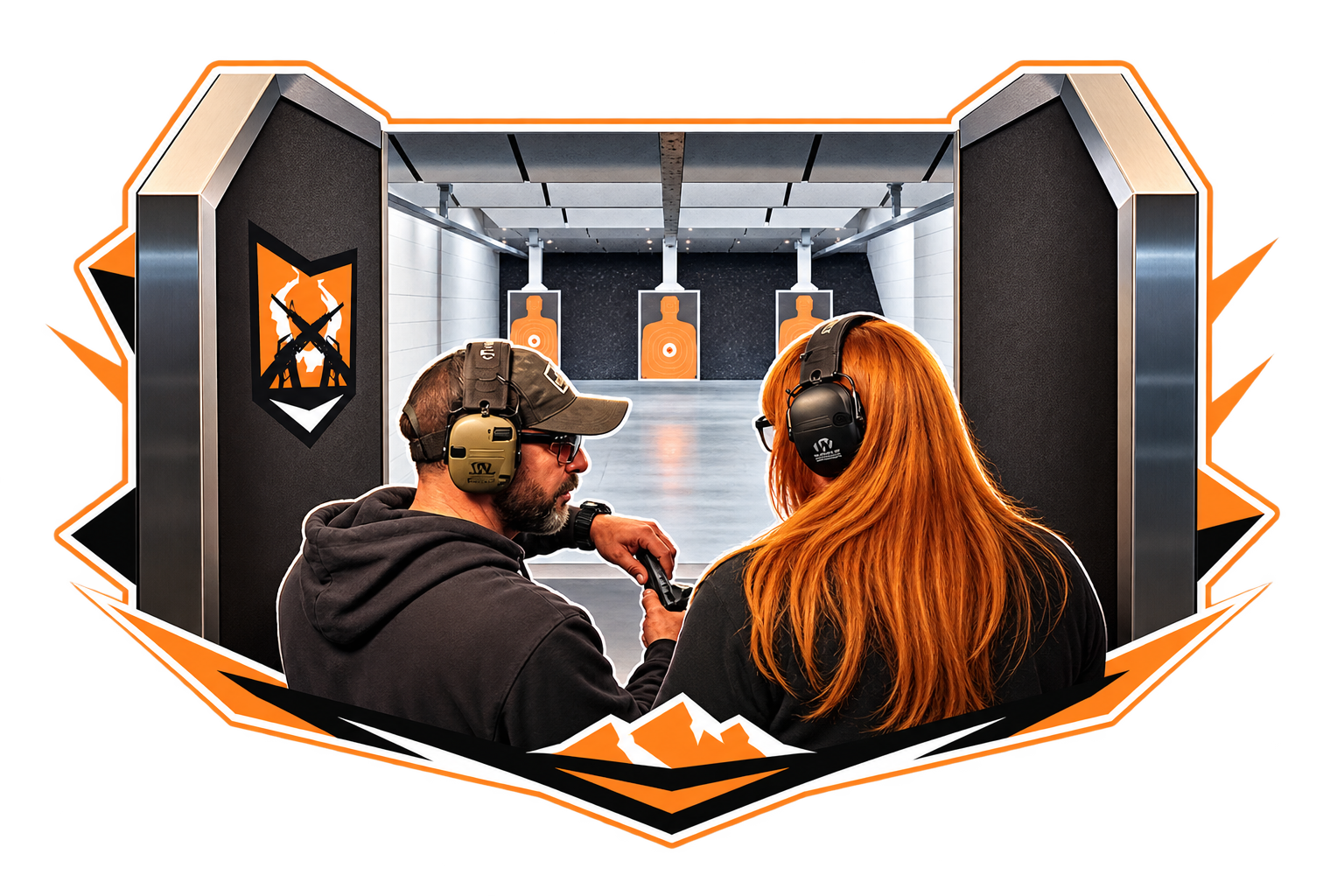 Two people wearing ear protection and shooting at an indoor shooting range with target silhouettes in the background.