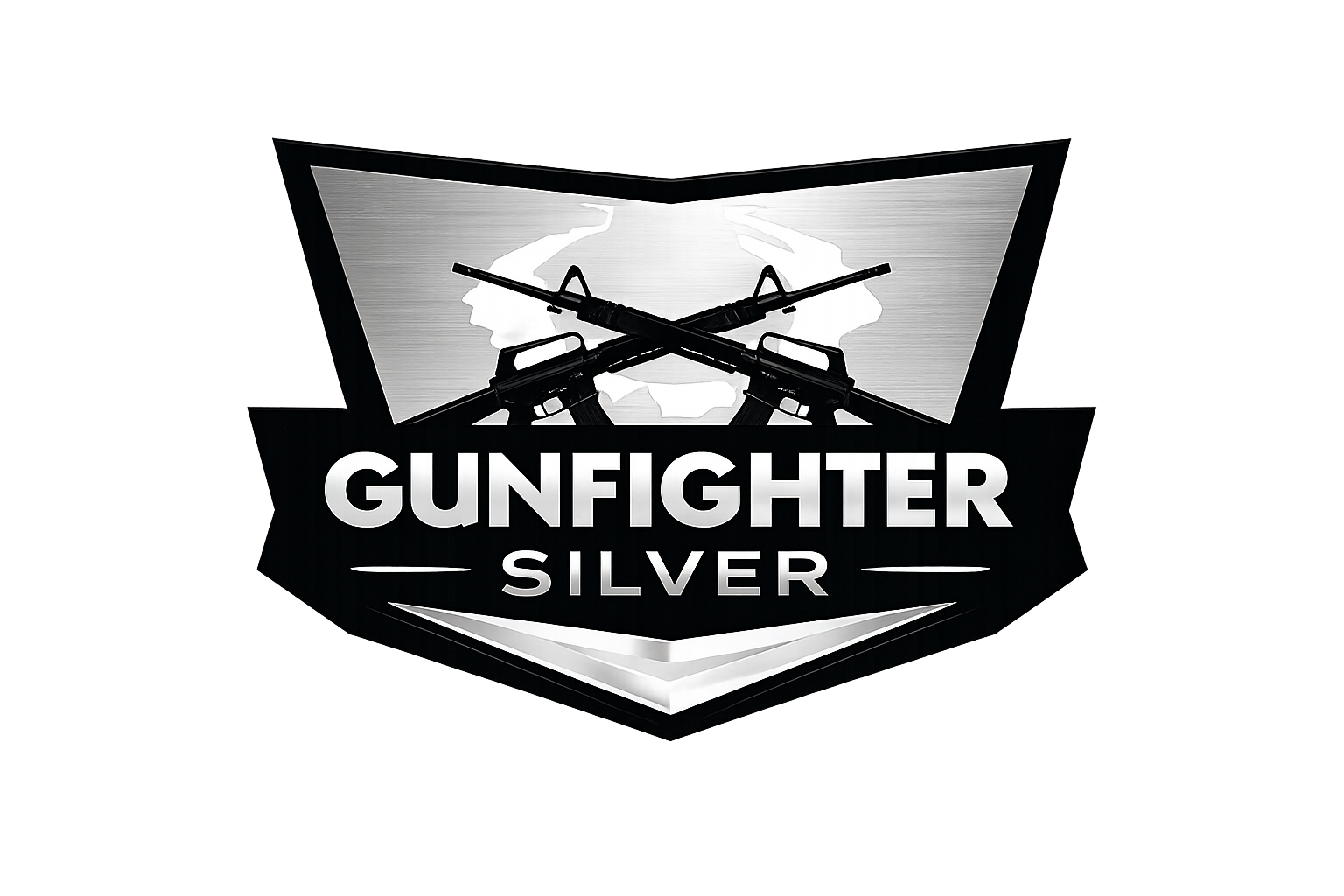 A metallic badge with a black border, featuring two crossed guns at the top, a stylized lion face in the background, and the words 'GUNFIGHTER SILVER' in bold white letters.