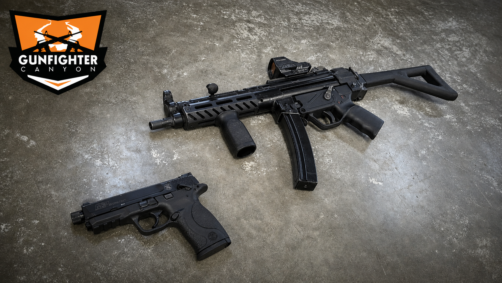 A black semi-automatic handgun and a black rifle with a magazine, placed on a concrete floor. The rifle has a holographic sight attached. There is a logo in the top left corner with the text "GUNFIGHTER CANYON" and a graphic of crossed rifles and a lion's face.