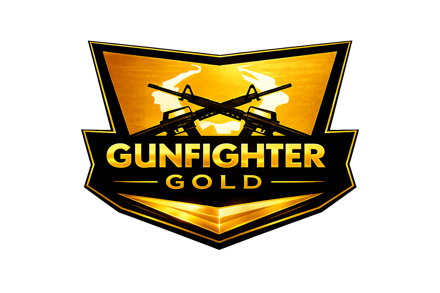 Logo for Gunfighter Gold featuring two crossed rifles, a gold and black shield, and the text 'GUNFIGHTER GOLD' in gold letters.
