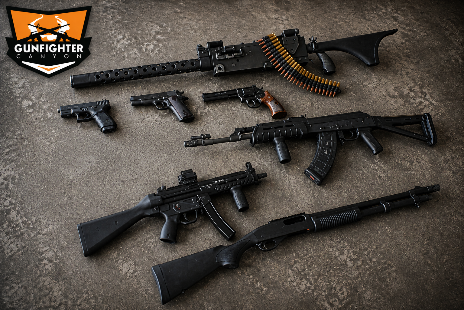 Collection of firearms including pistols, rifles, a shotgun, ammo, and a stampede of bullets on a textured surface with Gunfighter Canyon logo in the corner.