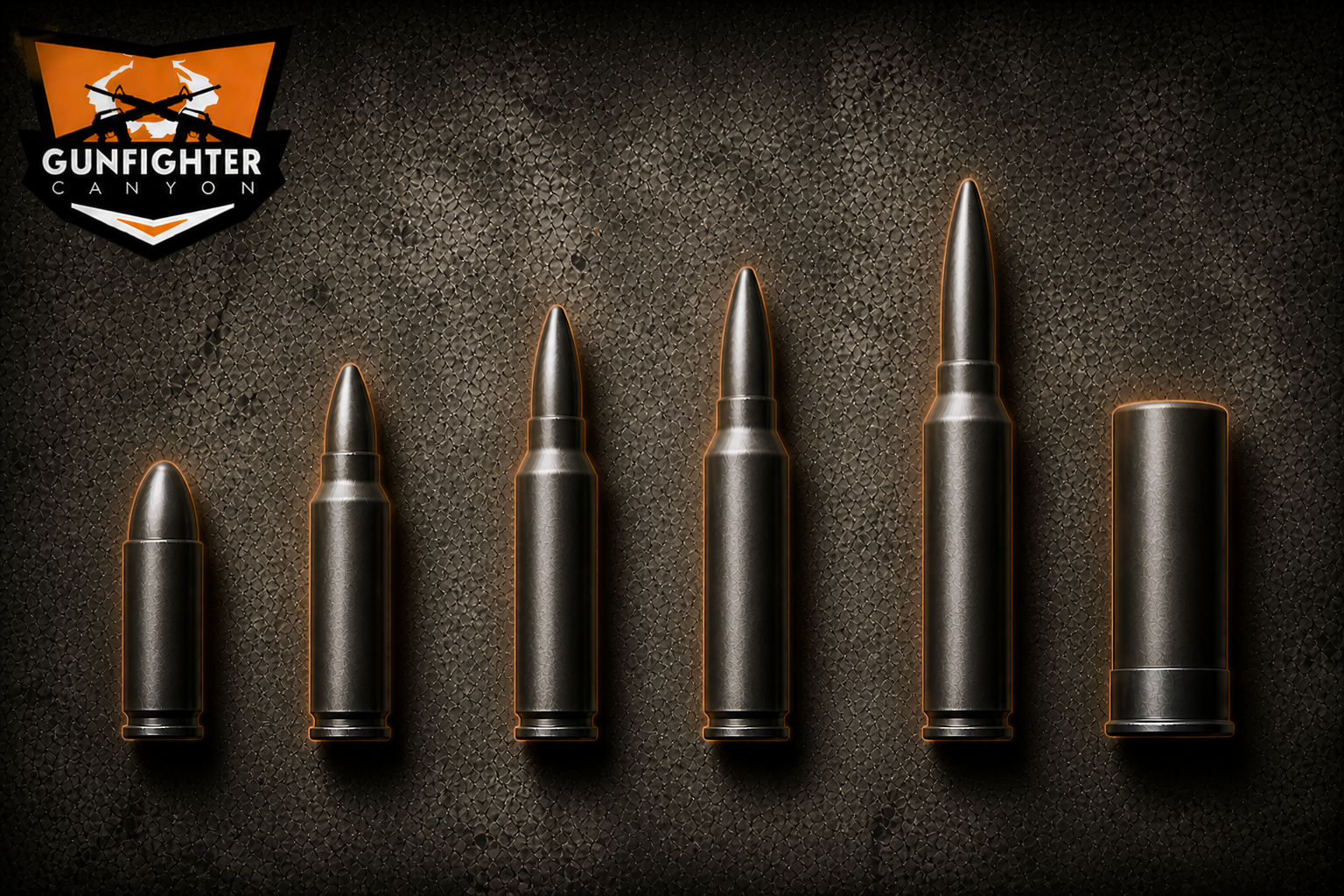 Displays six different sizes of bullets lined up on a textured dark background, with a Gunfighter Canyon logo in the top left corner.
