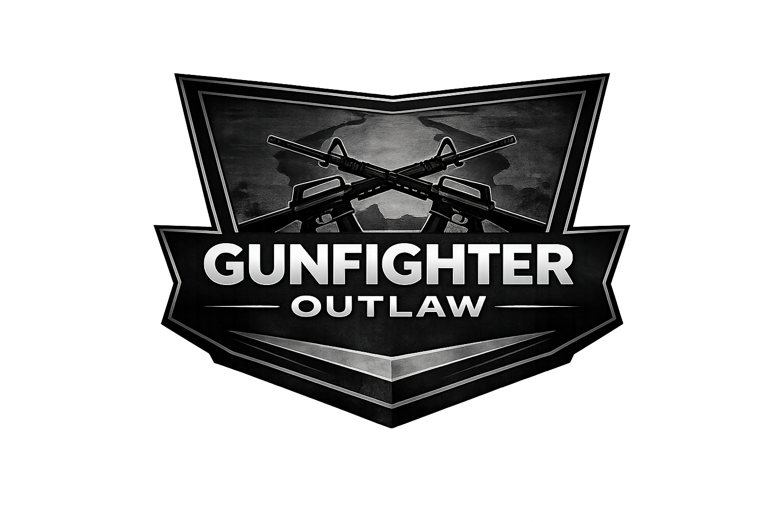 A logo for the game 'Gunfighter Outlaw' featuring two crossed rifles and a dark background with neon and digital glitch effects.