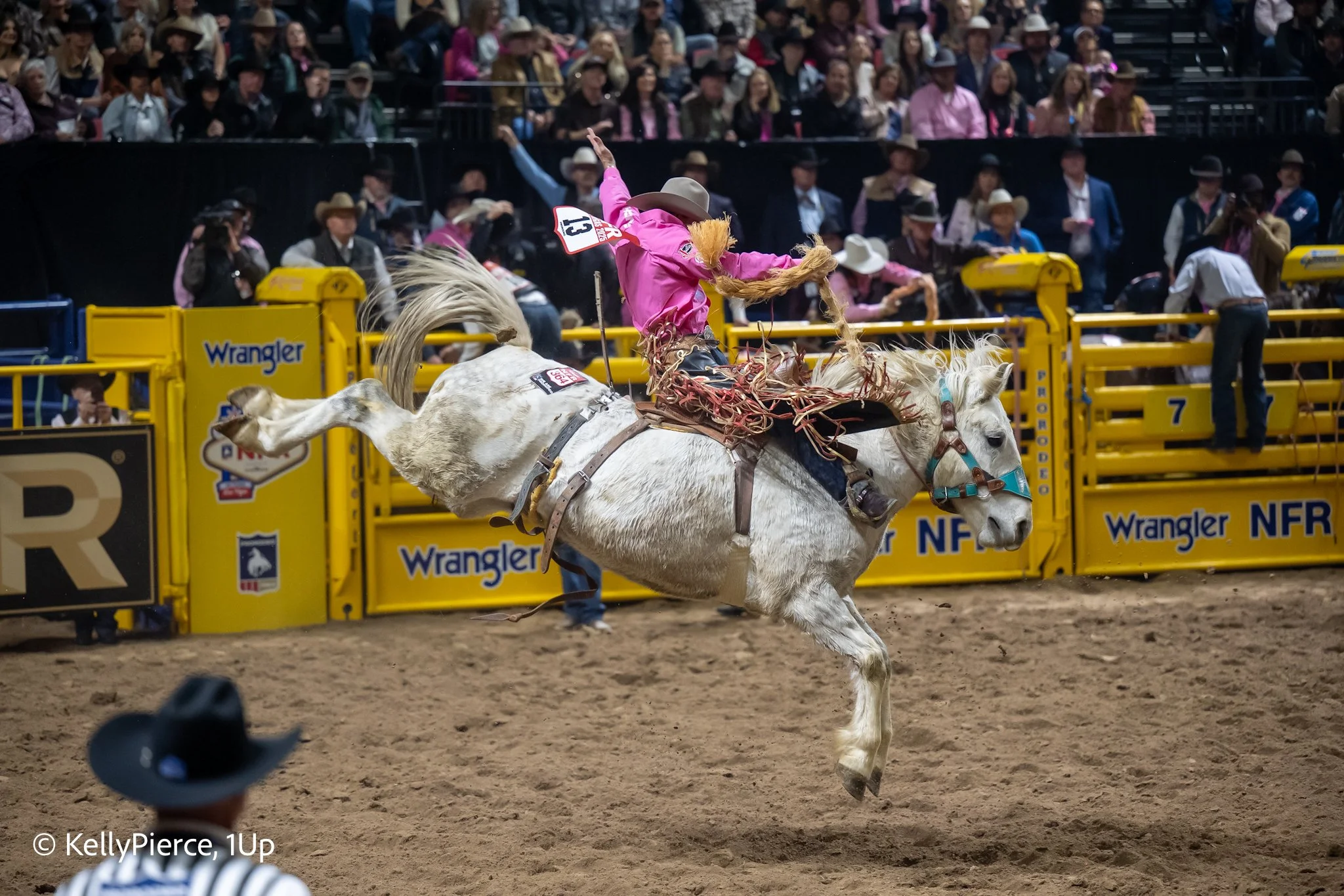 A rodeo event with a female rider dressed in pink, wearing a cowboy hat, riding a bucking horse with a rope wrapped around its neck, in a dirt arena with spectators in the background.
