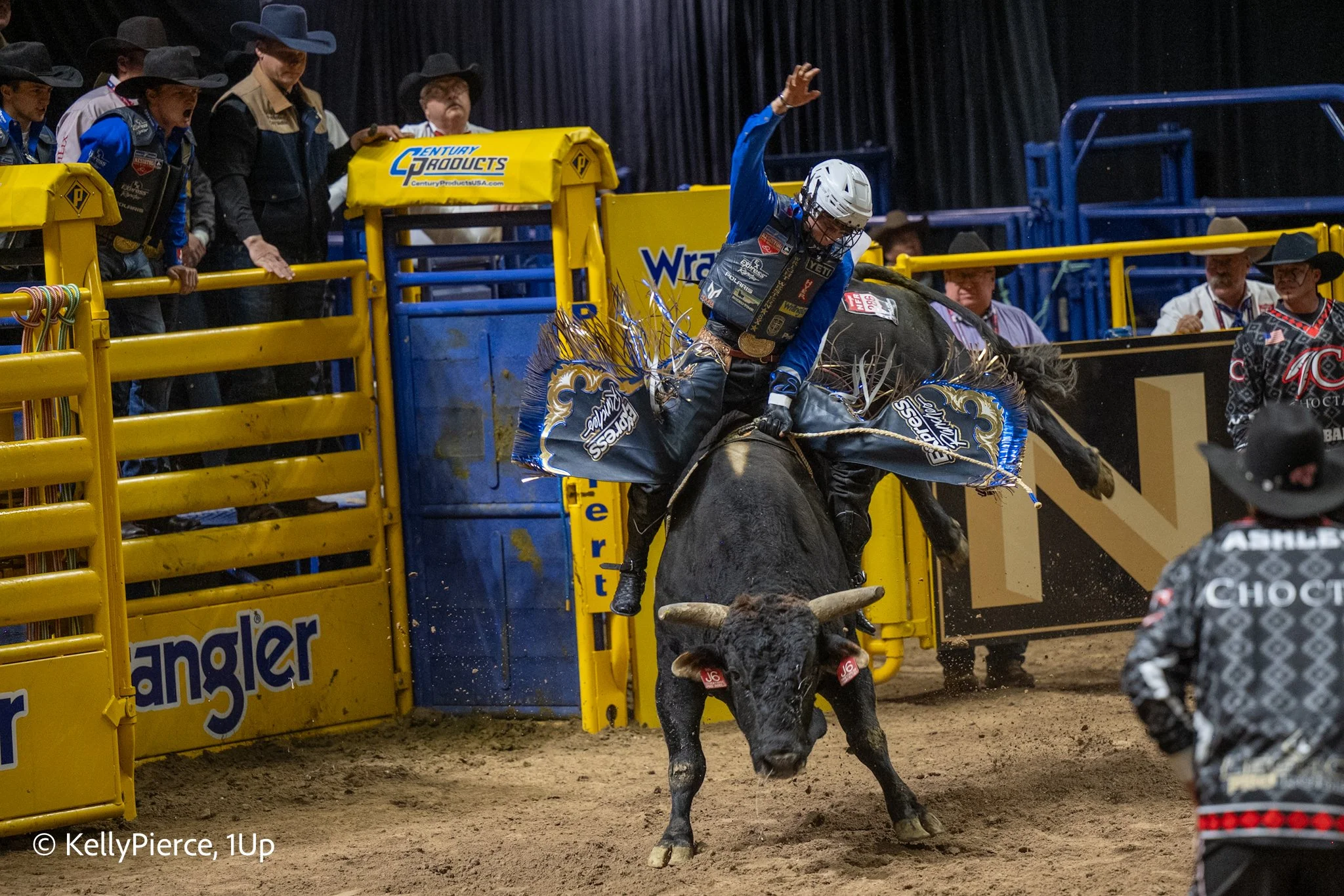A cowboy wearing a blue shirt and safety helmet riding a bucking horse during a rodeo event, with other cowboys and spectators watching behind yellow and blue safety rails.