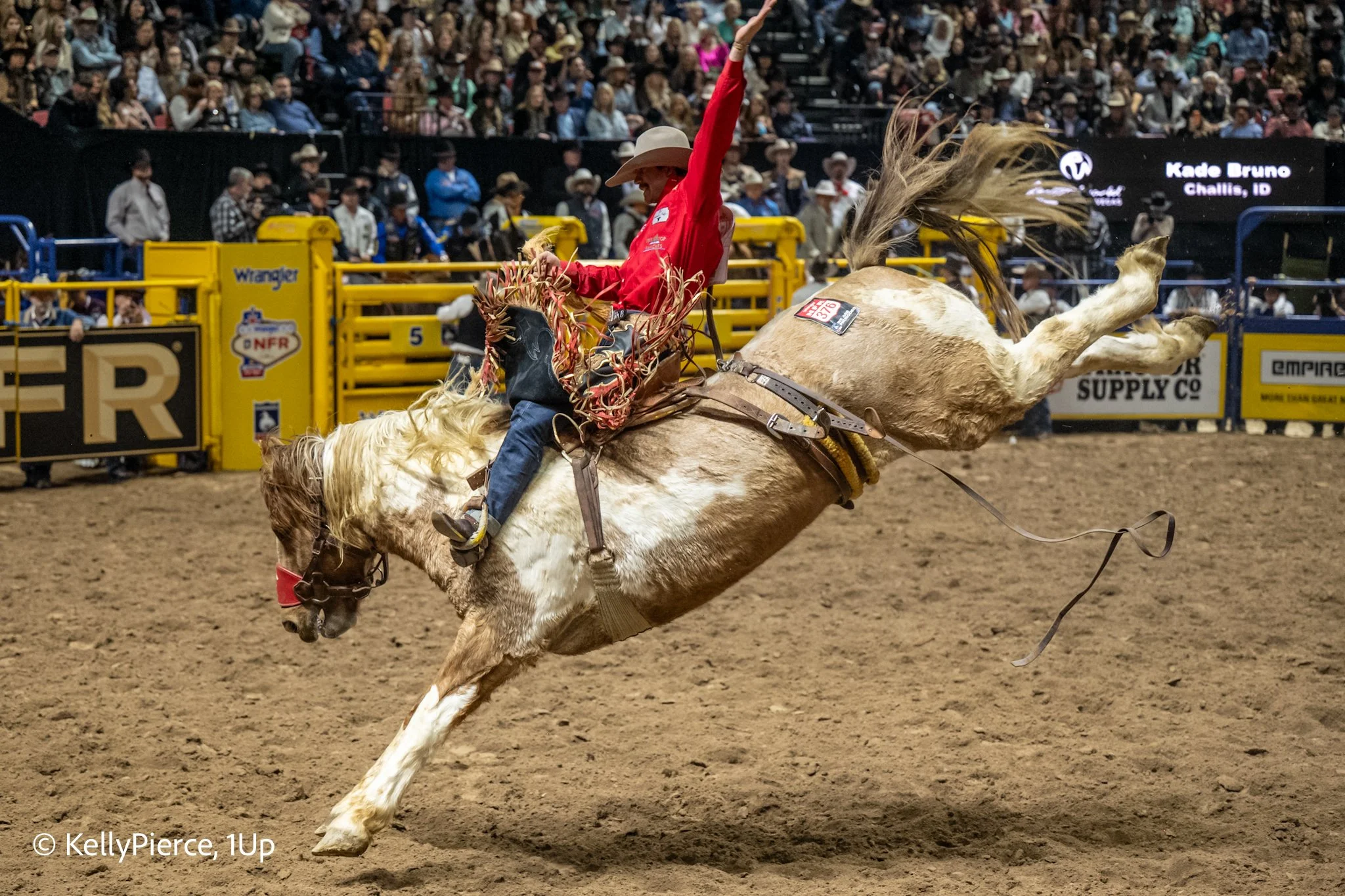 A rodeo cowboy wearing a hat and red shirt riding a bucking horse inside an arena filled with spectators and yellow fencing.