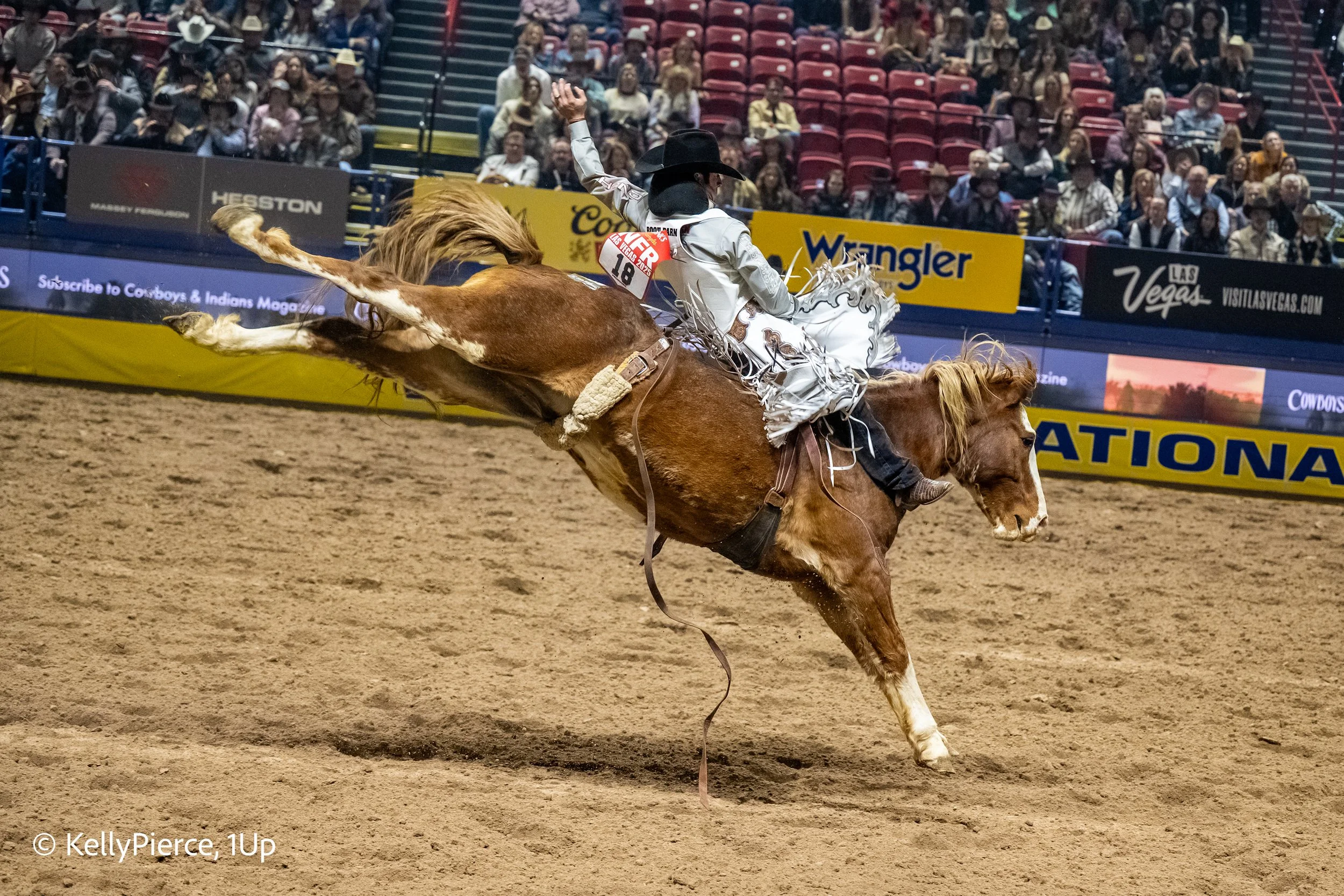 A rodeo cowboy riding a bucking horse in an arena with spectators in the stands.