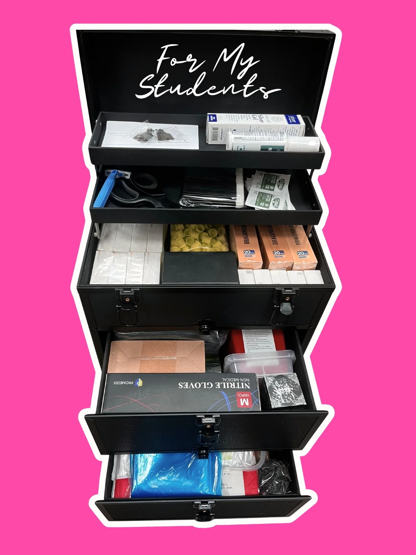 When you take my class, you get one of the largest kits ever offered in the paramedical tattoo industry. It's the kit I wish I would've had when I first started.

It's contents include:

-rolling travel case
-aftercare gel
-razor
-alcohol prep pads
-