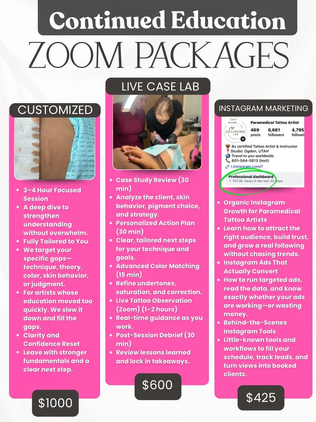 Stop collecting certifications.
Start collecting confidence.

These Zoom sessions are designed to:
&bull; Strengthen fundamentals
&bull; Fix technique + color issues
&bull; Teach Instagram that actually books clients
&bull; Give you real-time guidanc