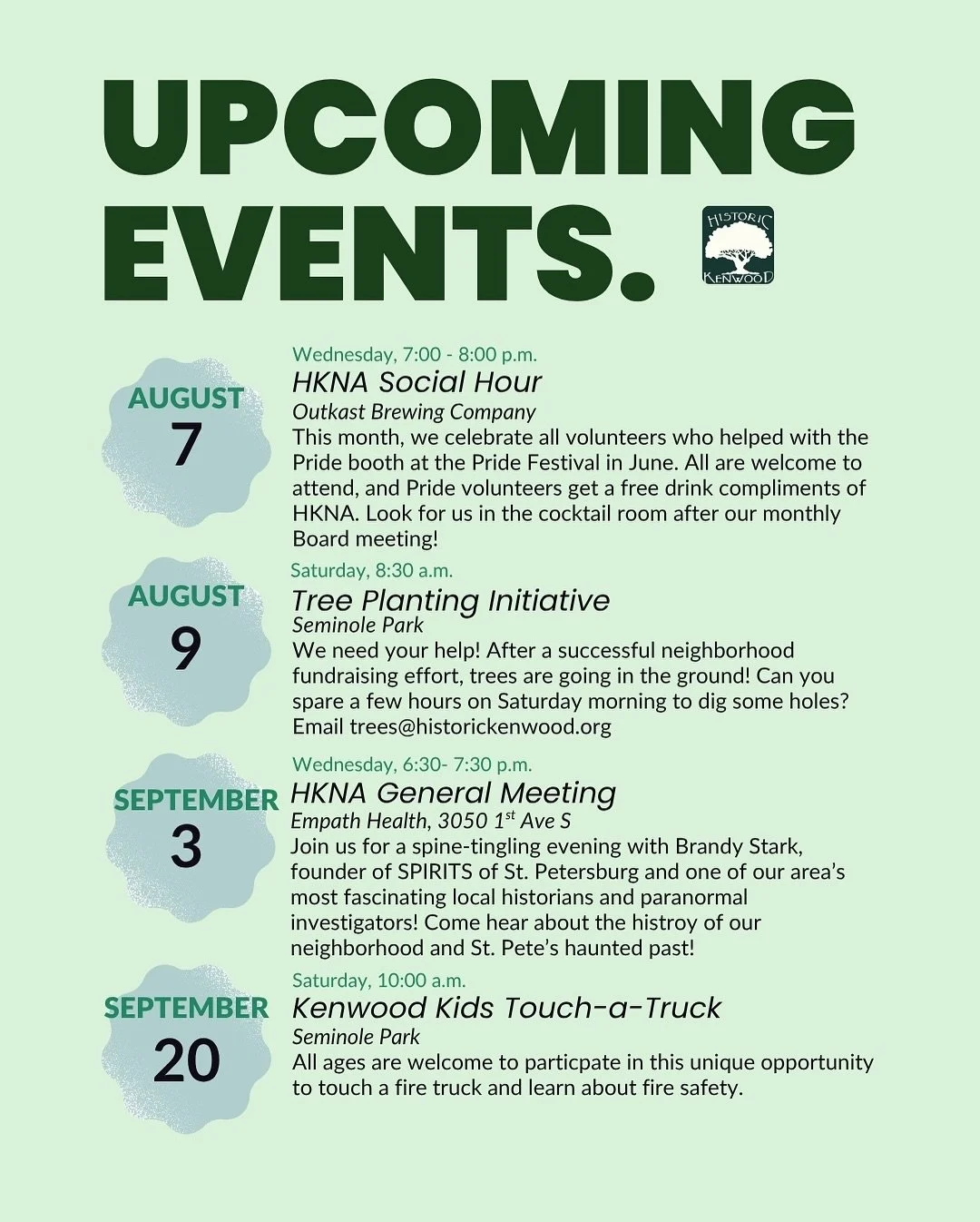 🌿 Mark your calendars, Kenwood! 🌈🚒🌳

We&rsquo;ve got a month full of can&rsquo;t-miss events to connect, celebrate, and give back:

🗓 AUG 7 &ndash; HKNA Social Hour at Outkast Brewing 🍻
🗓 AUG 9 &ndash; Tree Planting Initiative at Seminole Park
