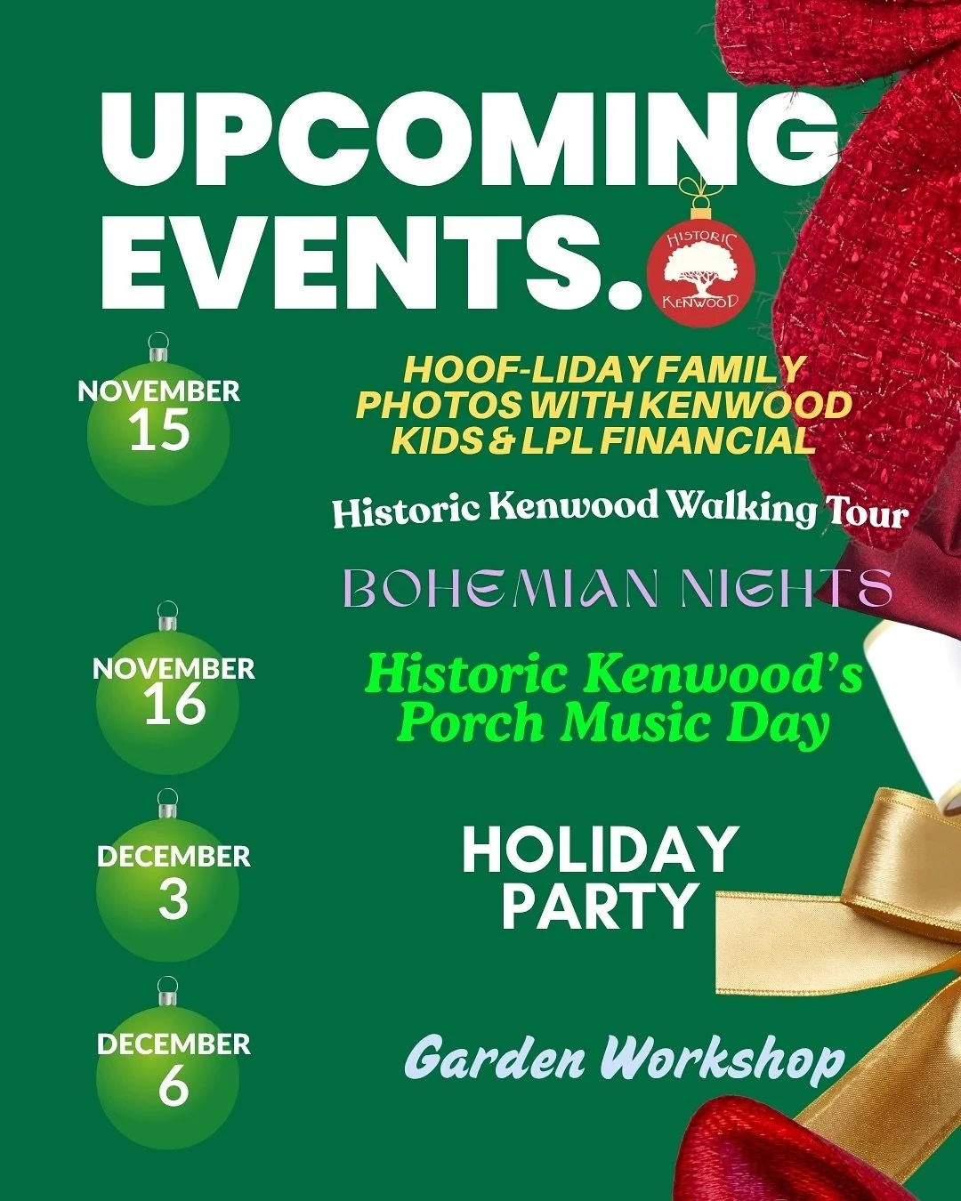 🌟 Historic Kenwood is PACKED this Season &mdash; and you&rsquo;re invited.
Swipe through for everything happening in the neighborhood.

📅 November 15
🐮 HOOF-liday Photos &mdash; mini Highland cow, baby goats, pro photographer, bounce house&hellip;