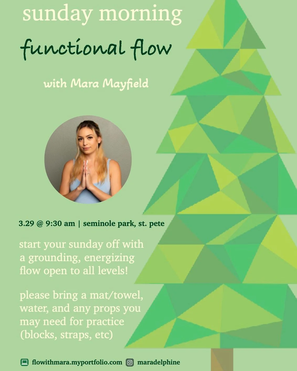Yoga at Seminole Park returns on Sunday Mar. 29th at 9:30 AM thanks to Mara Mayfield! Please bring your own mat or towel, water bottle and anything you need for practice. Sunday Morning Functional Flow was created by @maradelphine  at @yogaflo_sp 

E