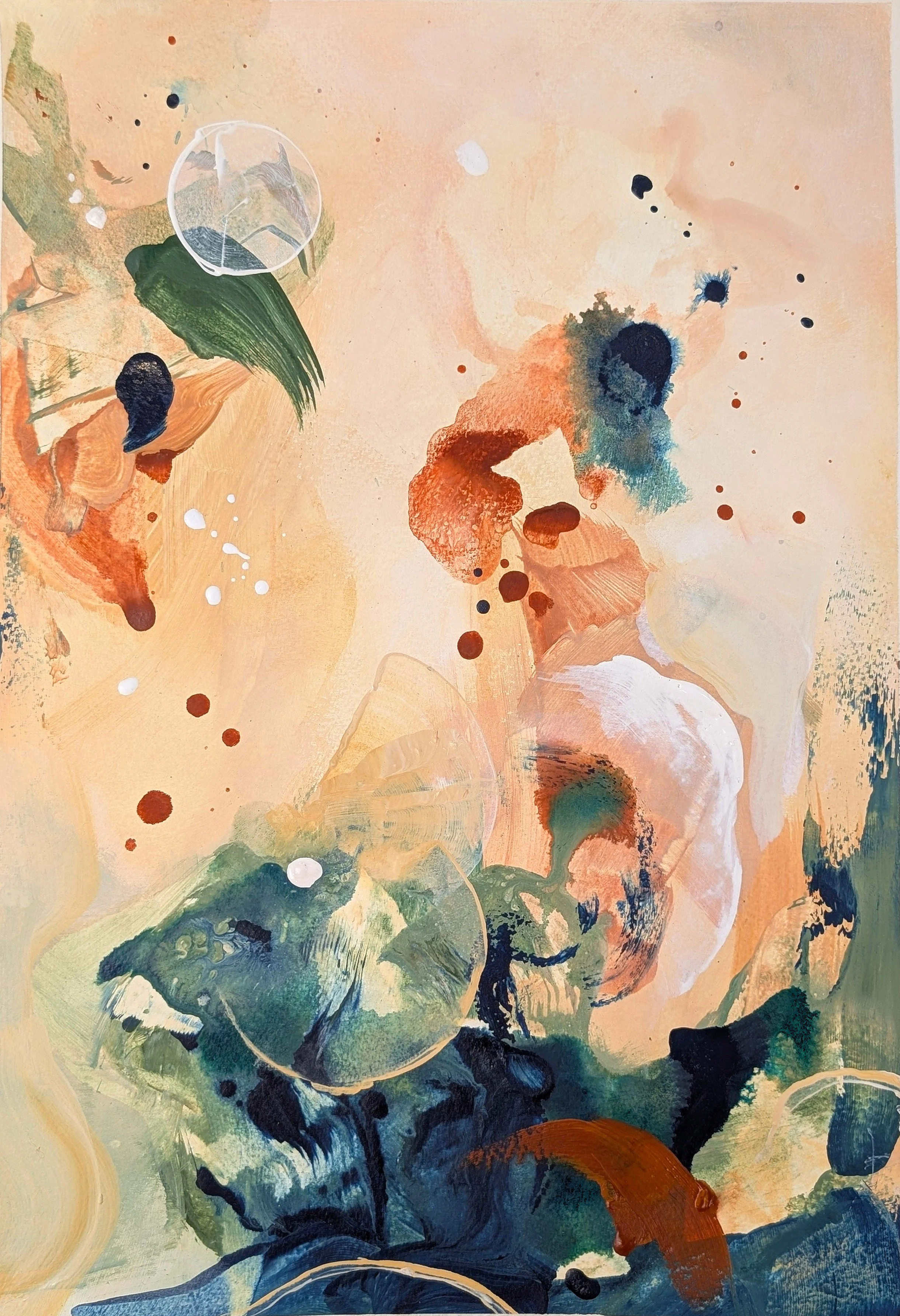 Close up of original abstract art in terracotta with bold brush marks and paint drips in deep blue and olive green