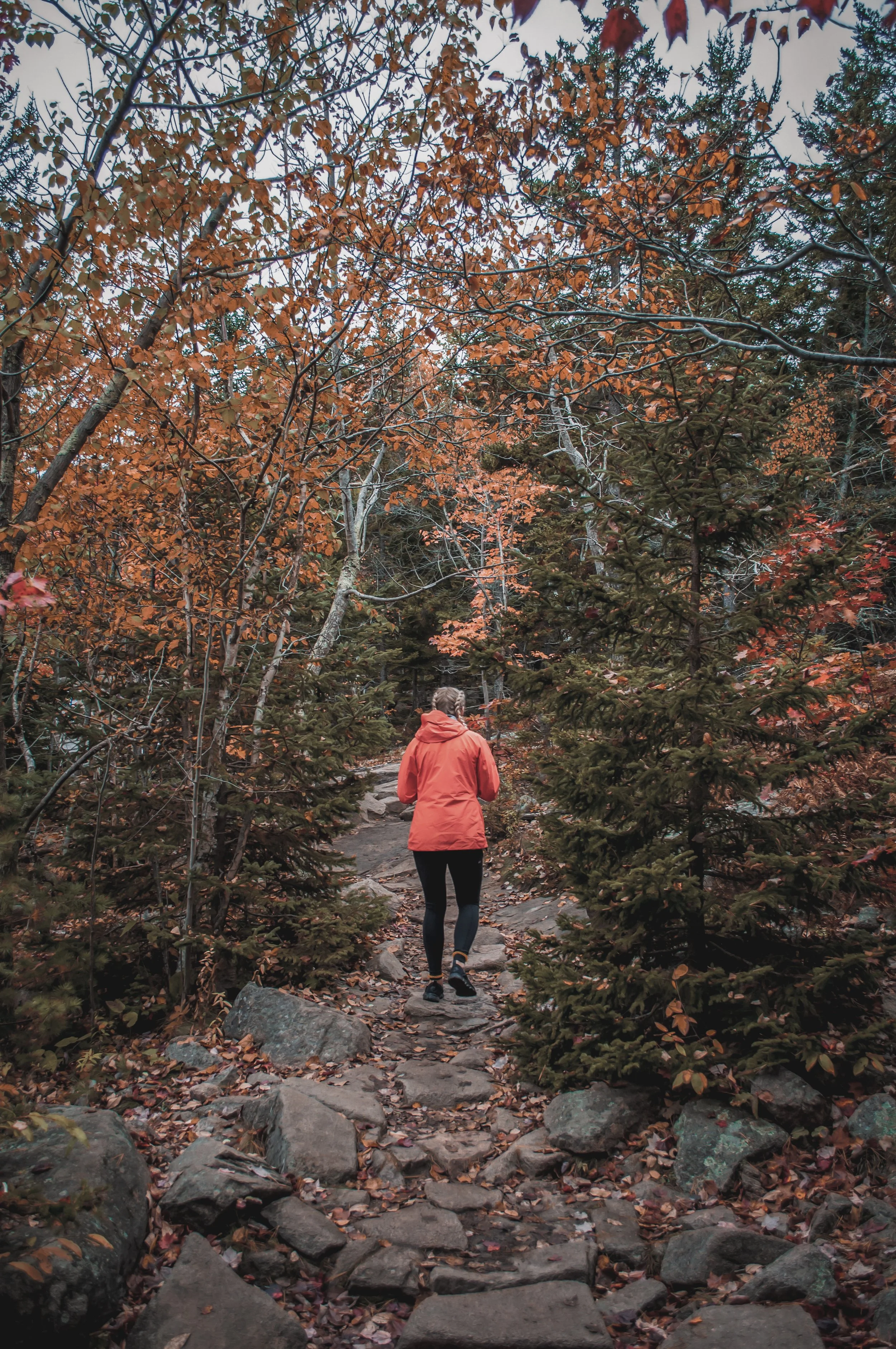 woman in an orange jacket walking up a rocky trail with fall leaves