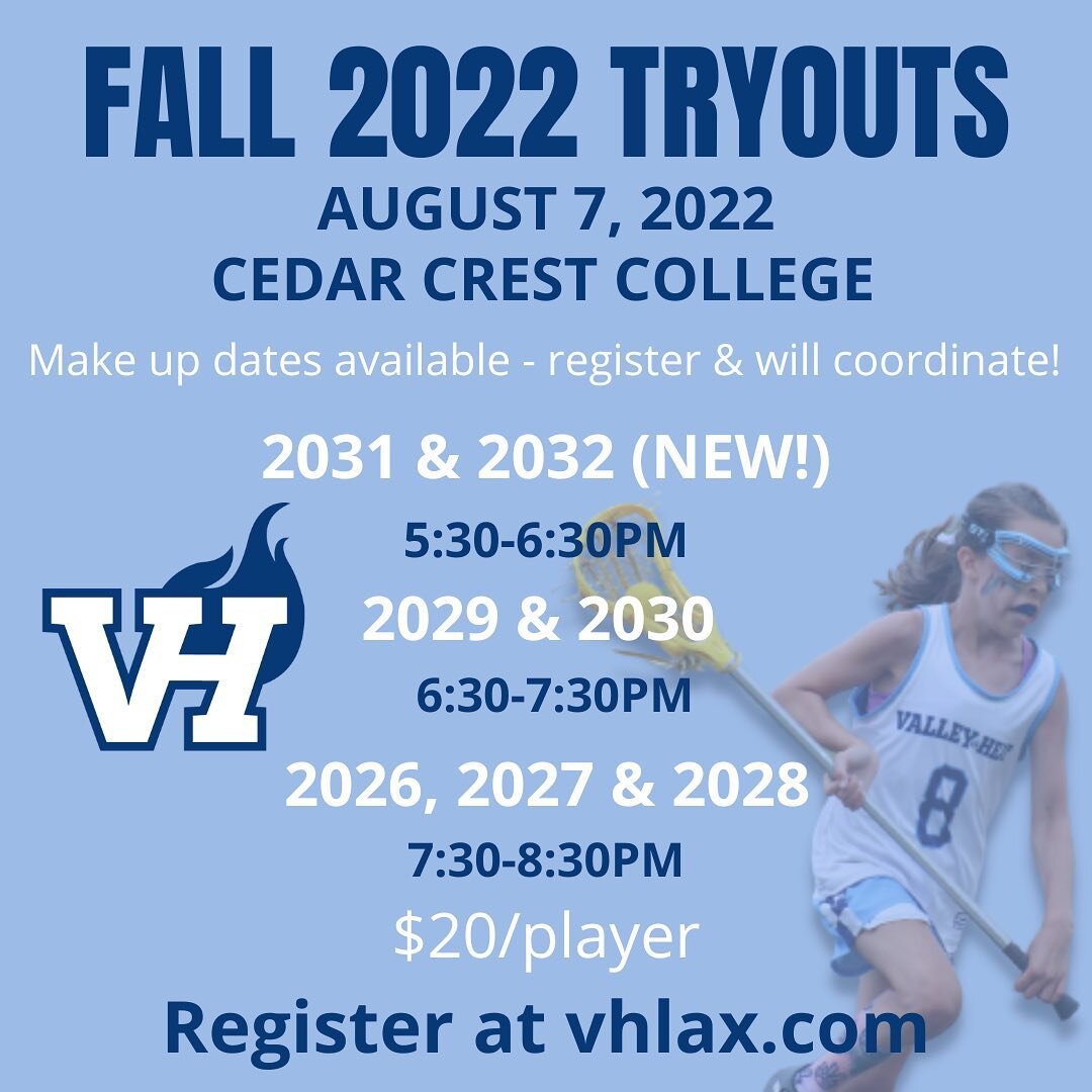 Registration for tryouts for our 2022 fall season is now open! Head to vhlax.com &gt; Clinics &amp; Tryouts to register and learn more.

We hope to see you there! 🥍