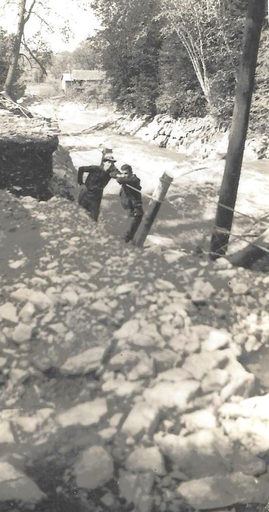 Stone Mill Dam corner with dam gone in flood. Charles and Welland.