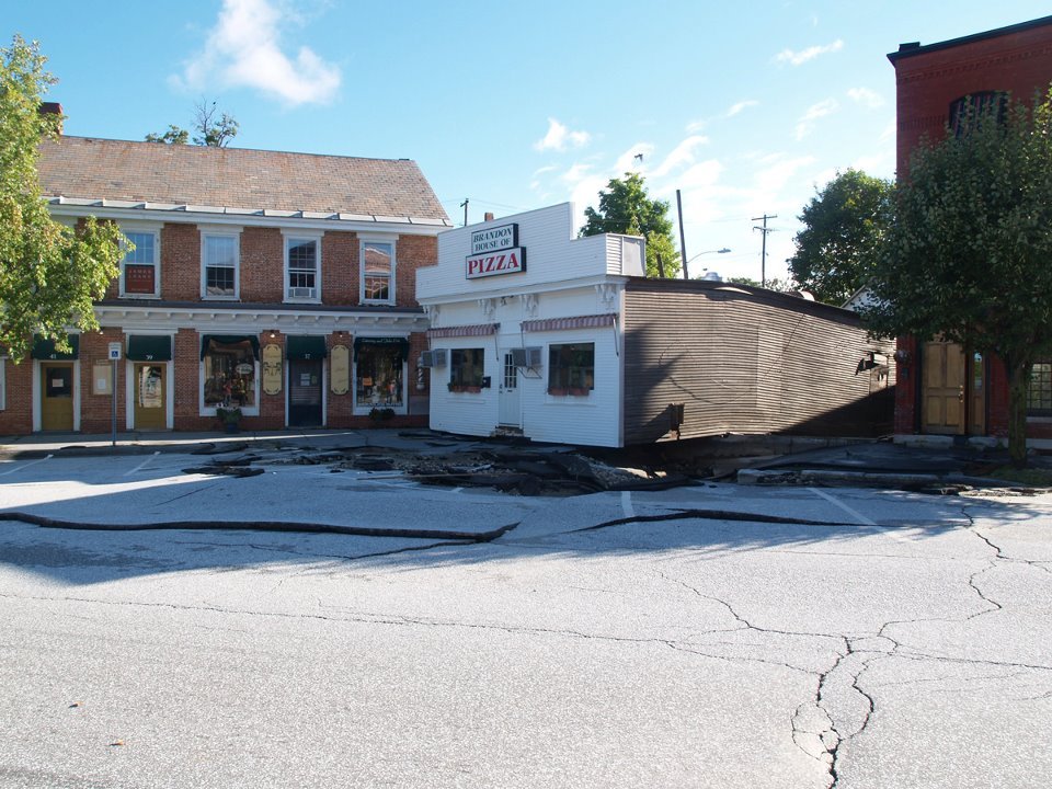 Brandon House of Pizza pushed into street Storm Irene 2011