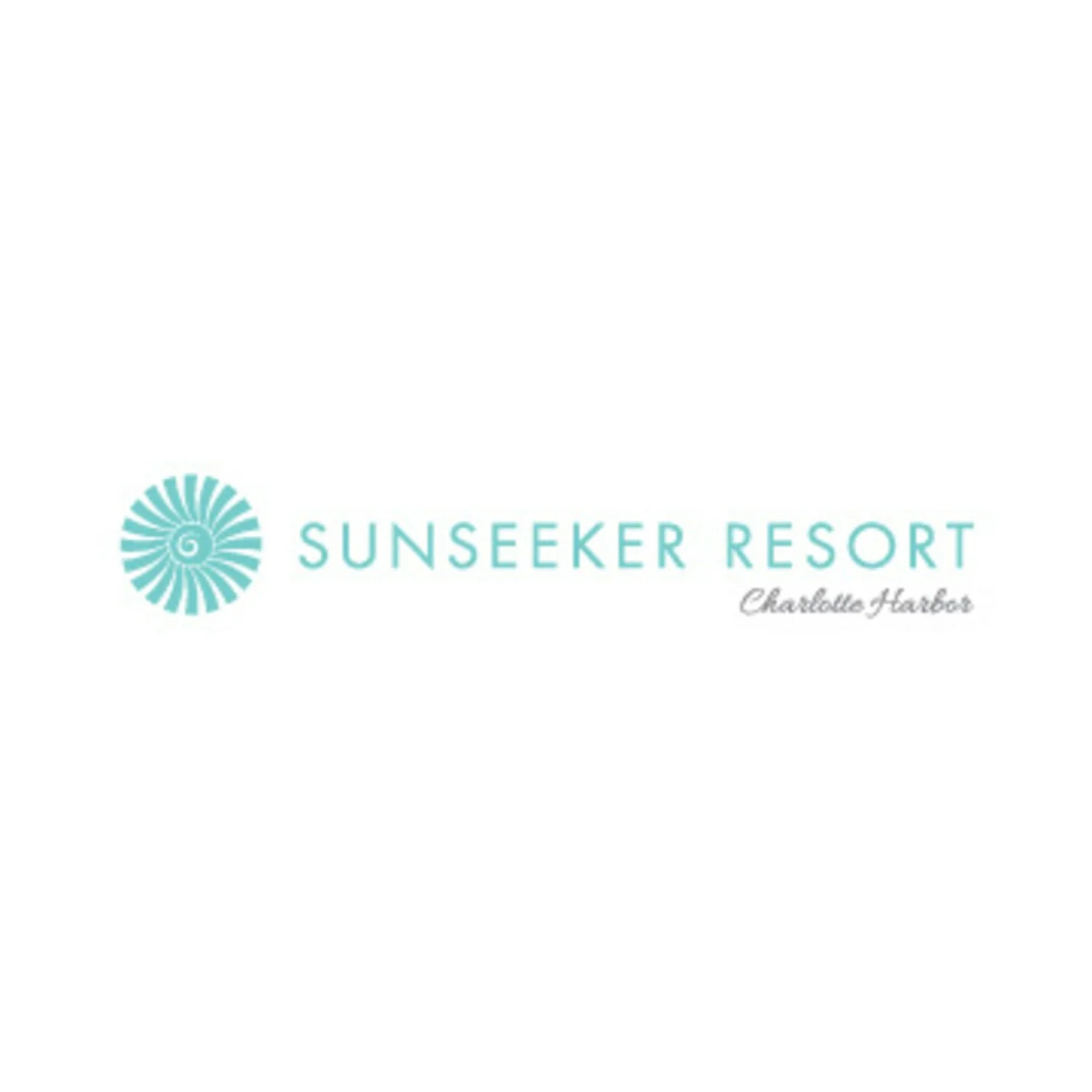 Logo of Sunseeker Resort Charlotte Harbor with a stylized turquoise spiral shell to the left and light turquoise text to the right, with a smaller cursive script reading "Charlotte Harbor" underneath.