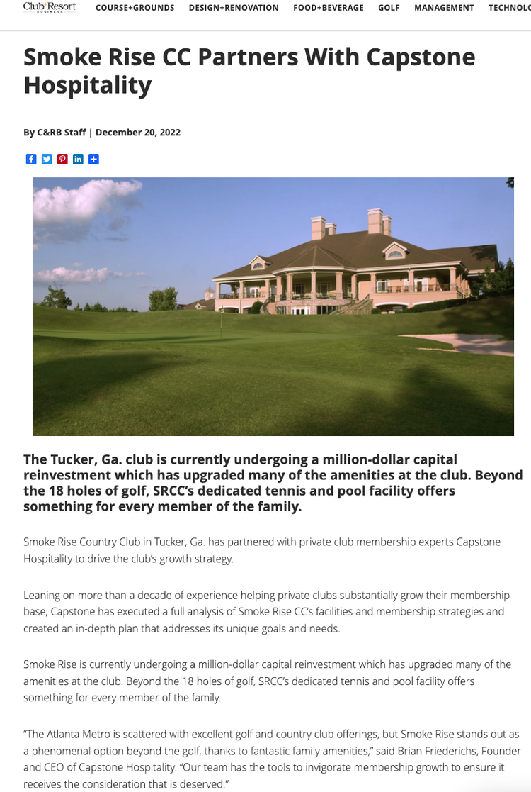 CAPSTONE HOSPITALITY PARTNERS WITH SMOKE RISE COUNTRY CLUB