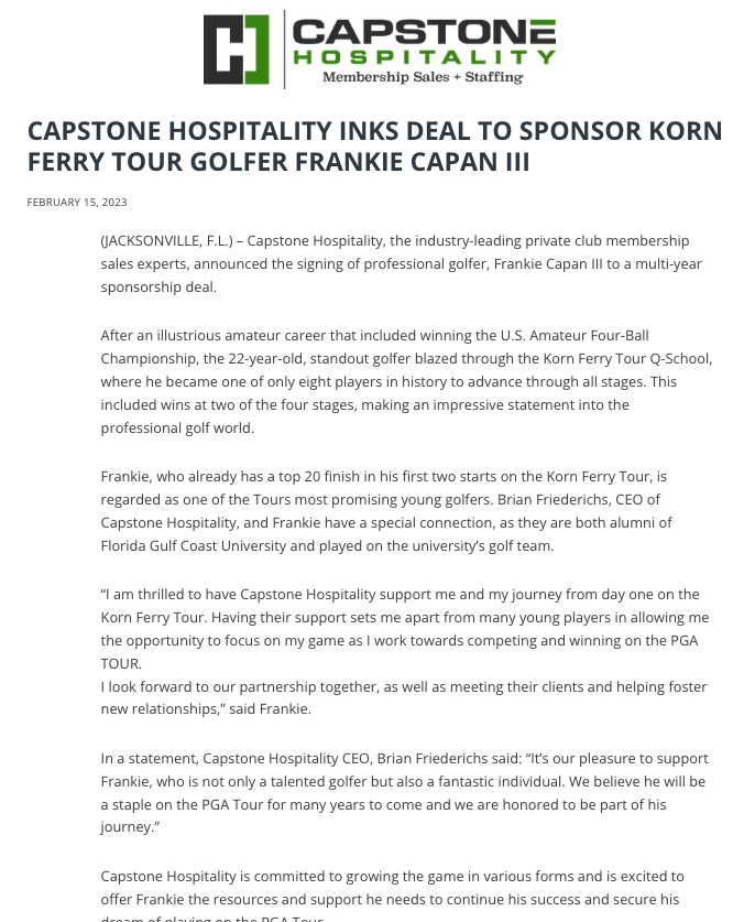 Frankie Capan III inks a sponsorship deal with Capstone Hospitality
