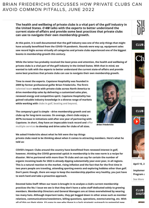 Brian Friederichs, CEO of Capstone Hospitality, discusses how private clubs can avoid common pitfalls