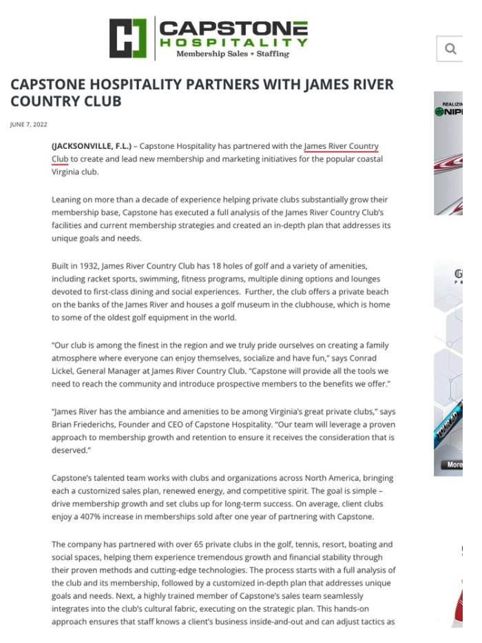 Capstone Hospitality partners with James River Country Club