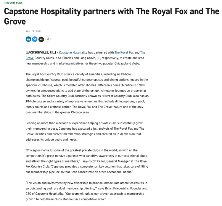 Capstone Hospitality parenters with the Royal Fox & The Grove Country Clubs