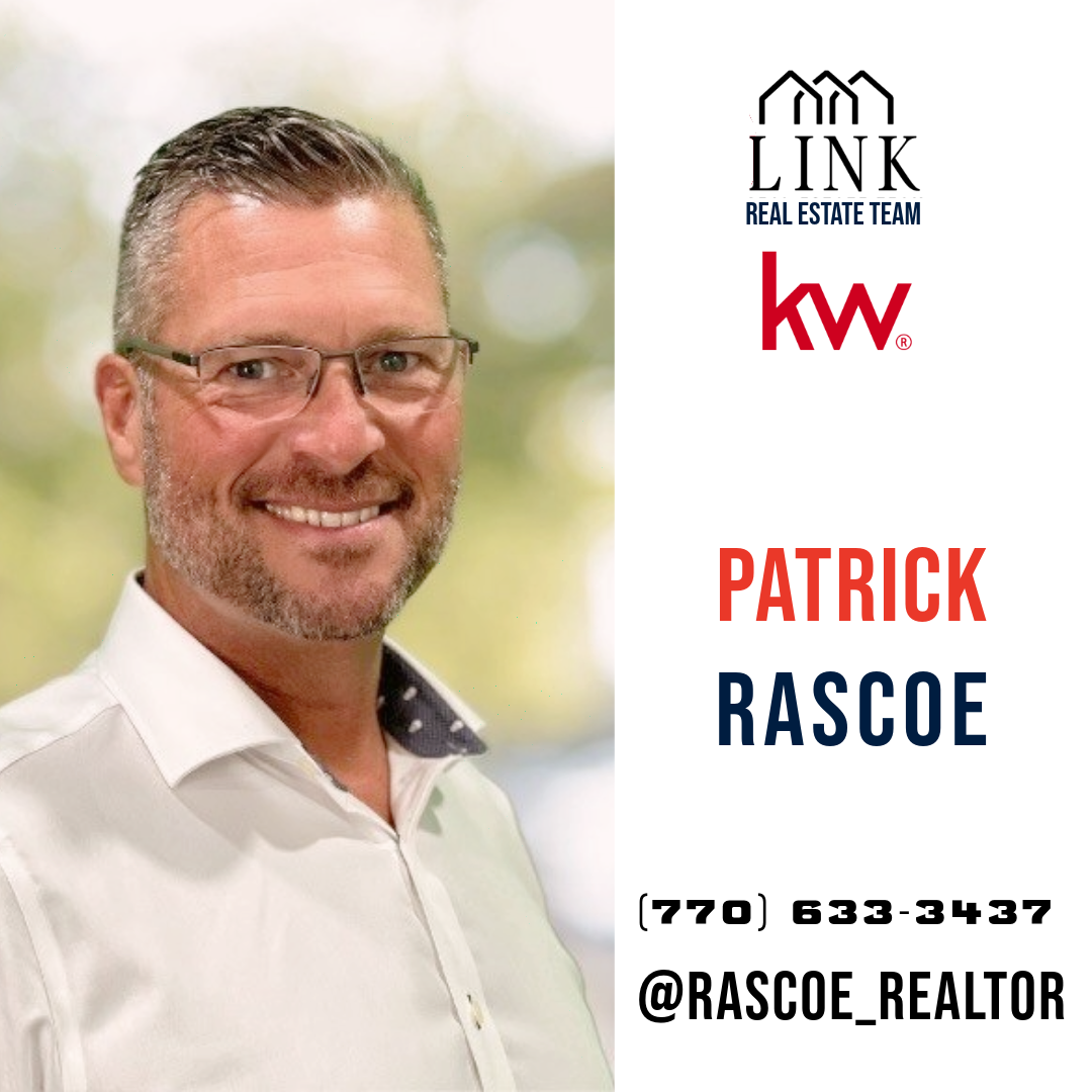 Business card featuring a smiling man with glasses and a white shirt, with logos of Link Real Estate Team and Keller Williams, and contact details for Patrick Rascoe, a realtor.