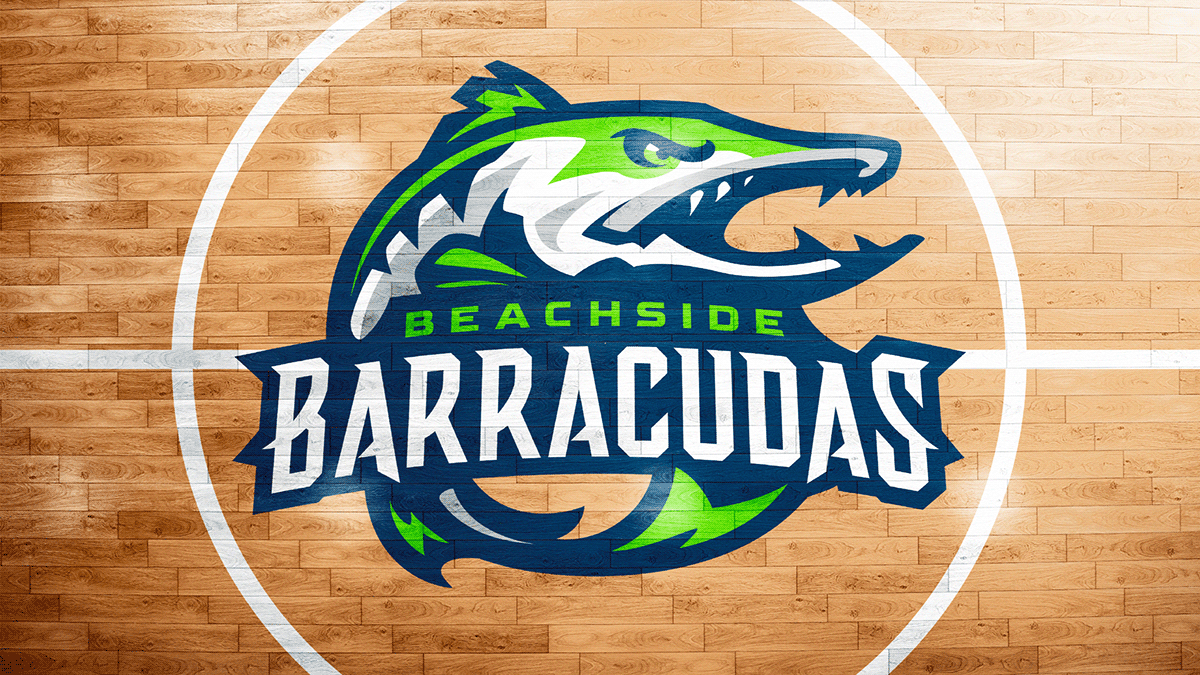 Logo of the Beachside Barracudas on a basketball court.