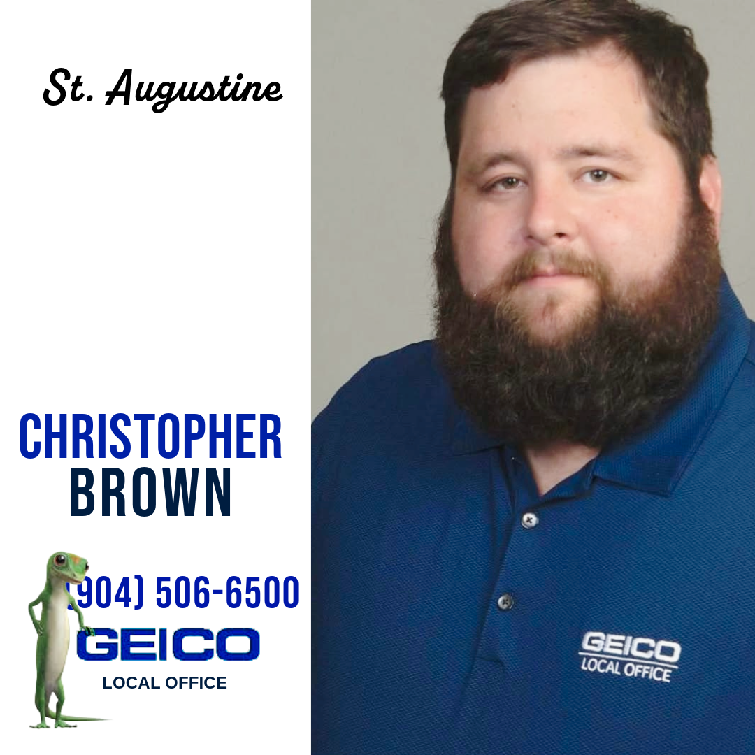 Business card for Christopher Brown, St. Augustine, featuring a headshot of a man with a beard wearing a blue polo shirt with the GEICO logo, and a gecko mascot on the lower left, with contact number 904-506-6500.