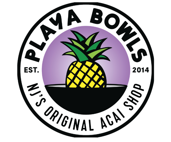 Playa Bowls circular logo - yellow pineapple in a black bowl on purple background with text 'Playa Bowls - Est. 2014 - NJ's Original Acai Shop'