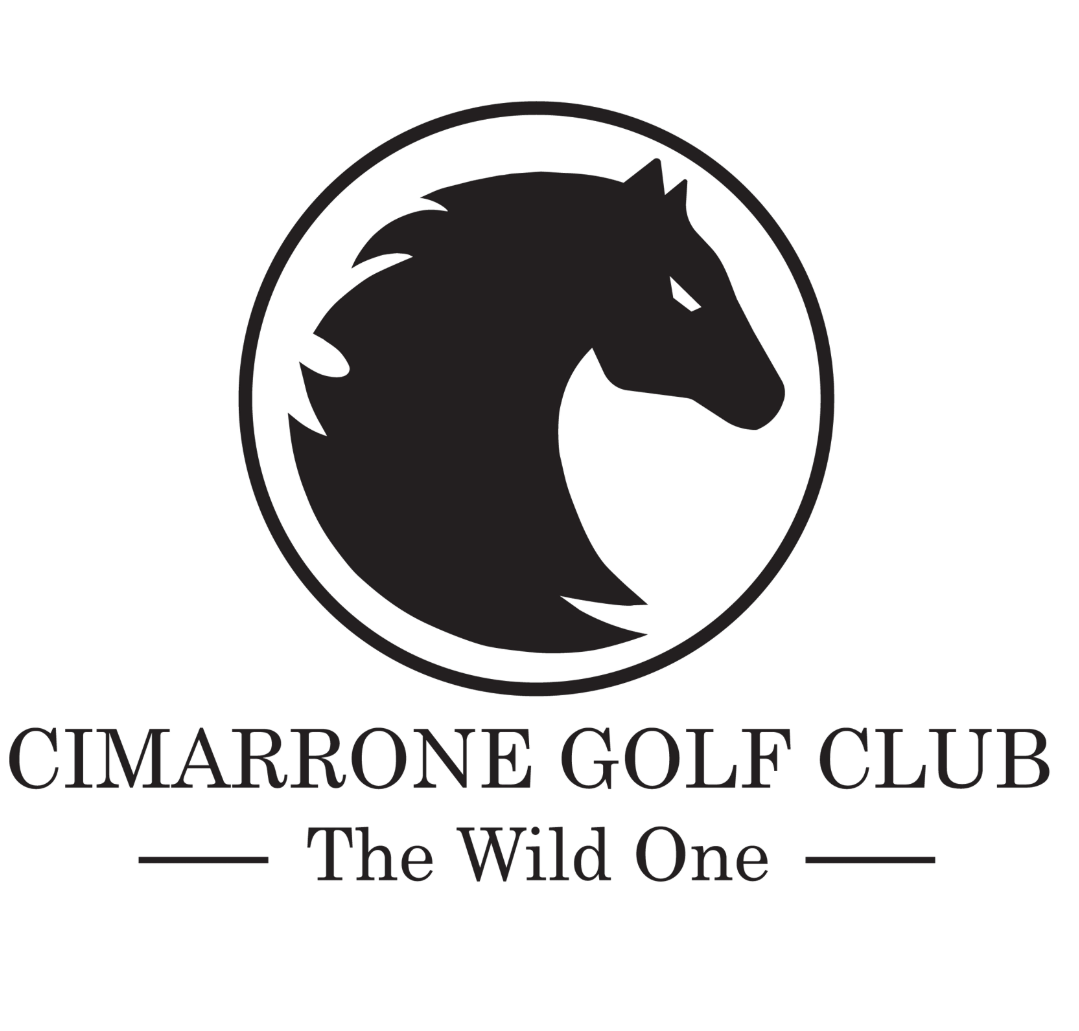 Cimarrone Golf Club logo - black horse head silhouette inside a circle with text 'CIMARRONE GOLF CLUB - The Wild One -