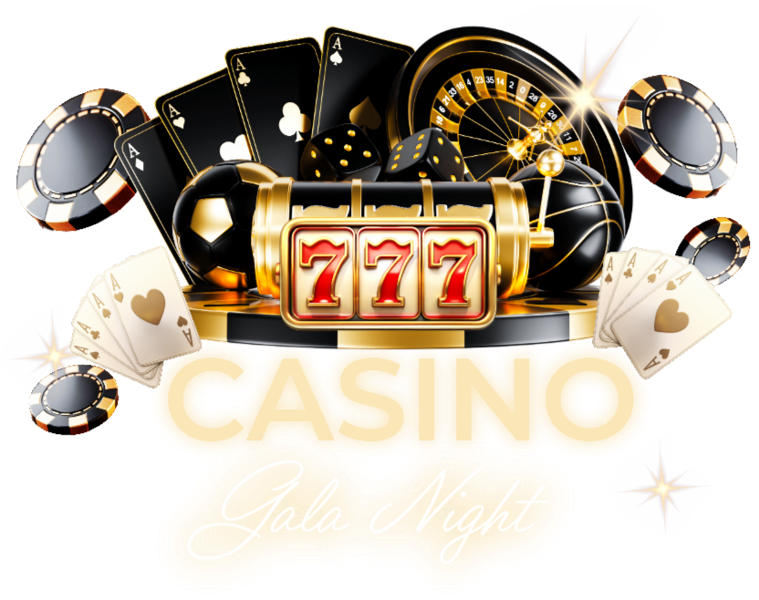 promoting Beachside High School Athletic Boosters Club  Gala Night event Casino-themed digital graphic with playing cards, roulette wheel, slot machine showing 777, poker chips, and dice,