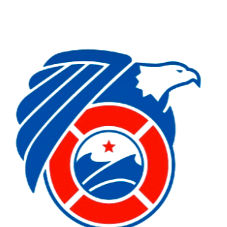 Logo of our platinum sponsor United States Coast Guard featuring a blue eagle, a red fire rescue ring, and a circle with a star and a wave inside.
