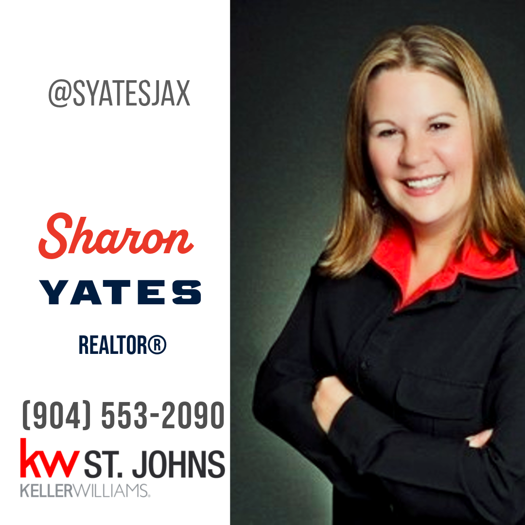 Real estate advertisement featuring a photo of Sharon Yates, a realtor, with contact information and Keller Williams branding.