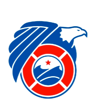 Logo of our platinum sponsor United States Coast Guard featuring a blue eagle, a red fire rescue ring, and a circle with a star and a wave inside.