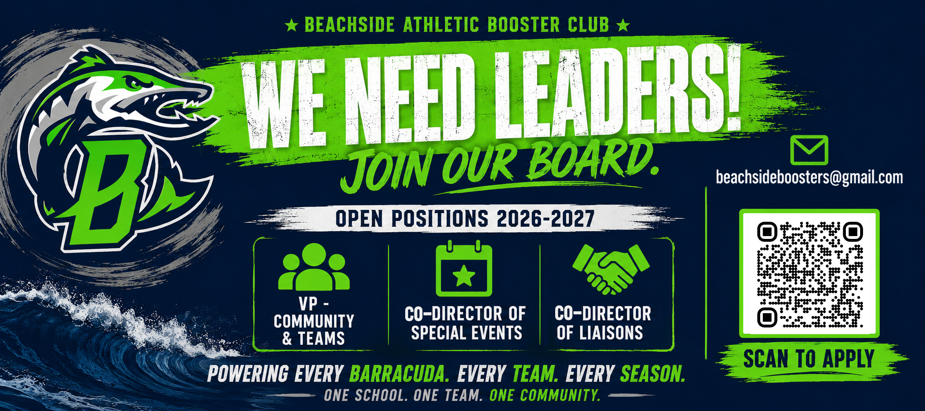 banner with Beachside Logo Barracuda letter B calling we need leaders with QR-code