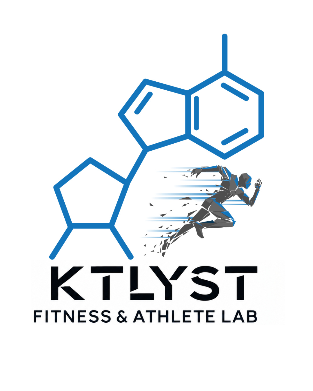 KTLYST Fitness & Athlete Lab logo - blue molecular structure with geometric sprinter icon and bold KTLYST text